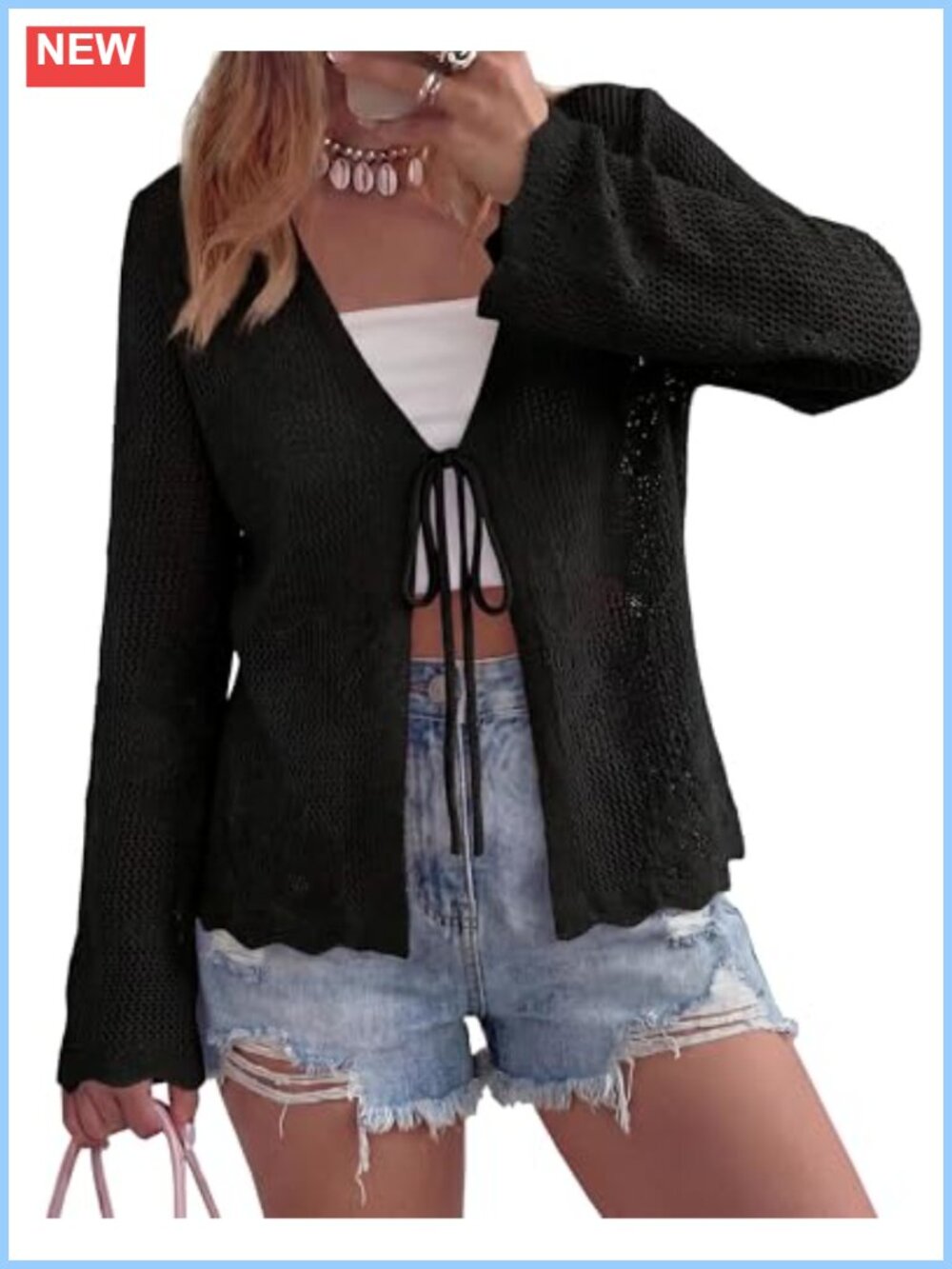 Crochet Knit Bell Sleeve Tie-Front Cardigan Sweater